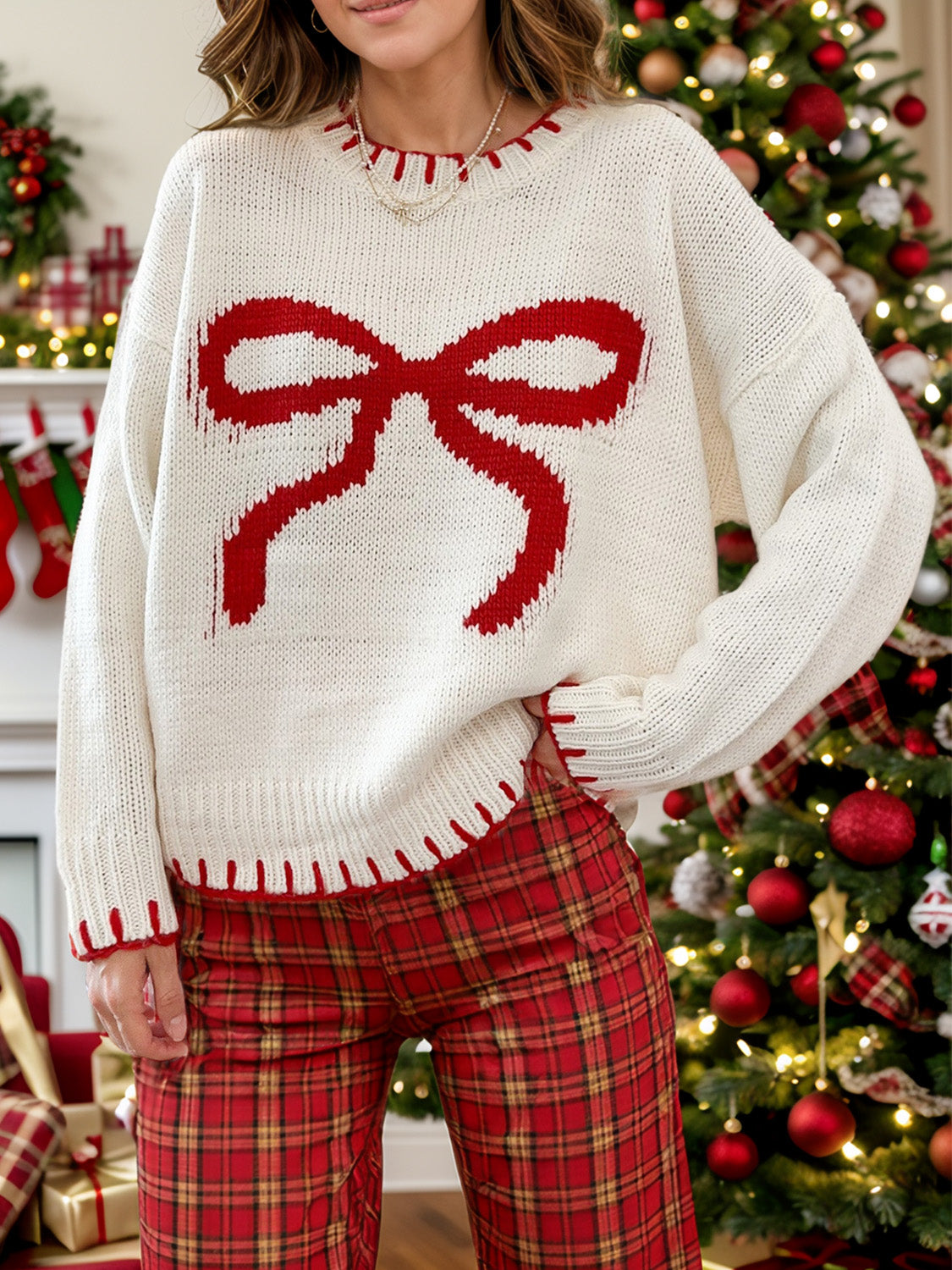 Croquet Bow Round Neck Long Sleeve Sweater