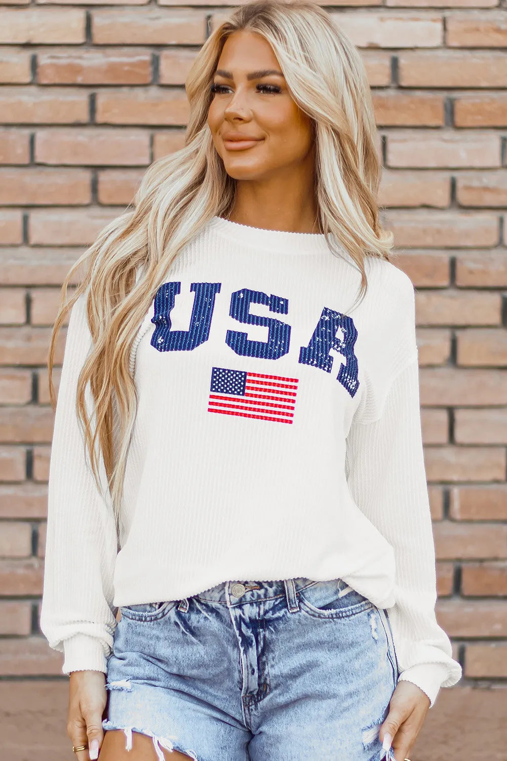 USA Graphic Round Neck Long Sleeve Patriotic White Sweatshirt