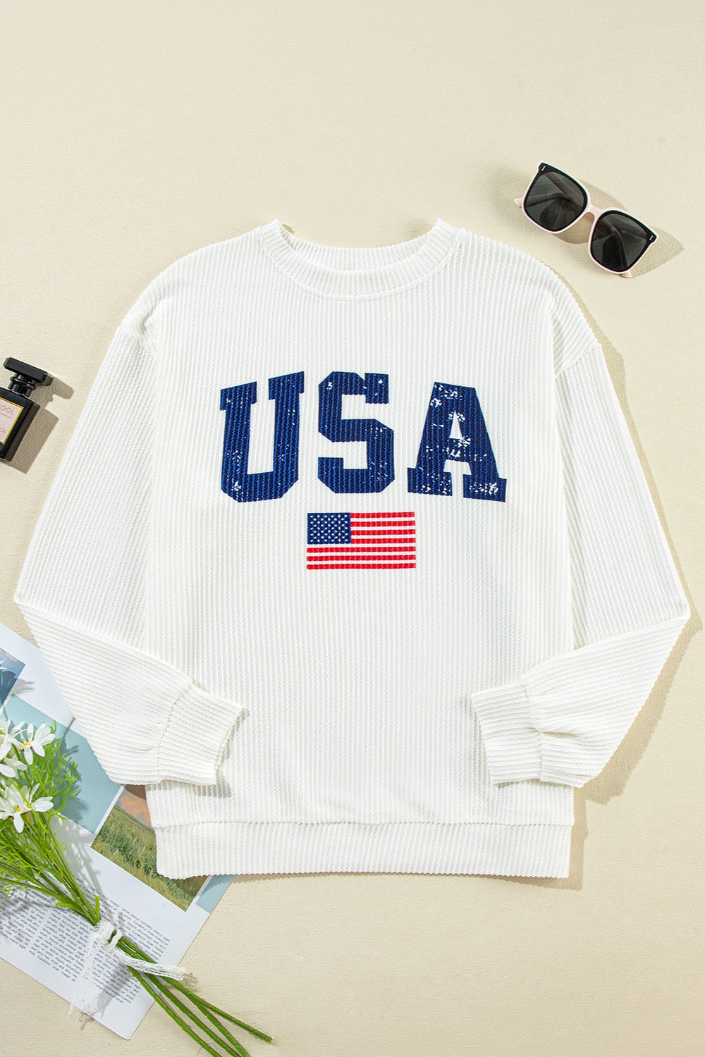 USA Graphic Round Neck Long Sleeve Patriotic White Sweatshirt