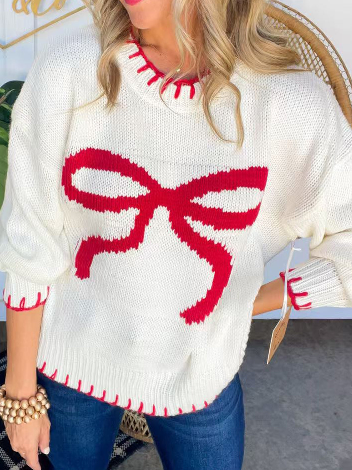 Croquet Bow Round Neck Long Sleeve Sweater