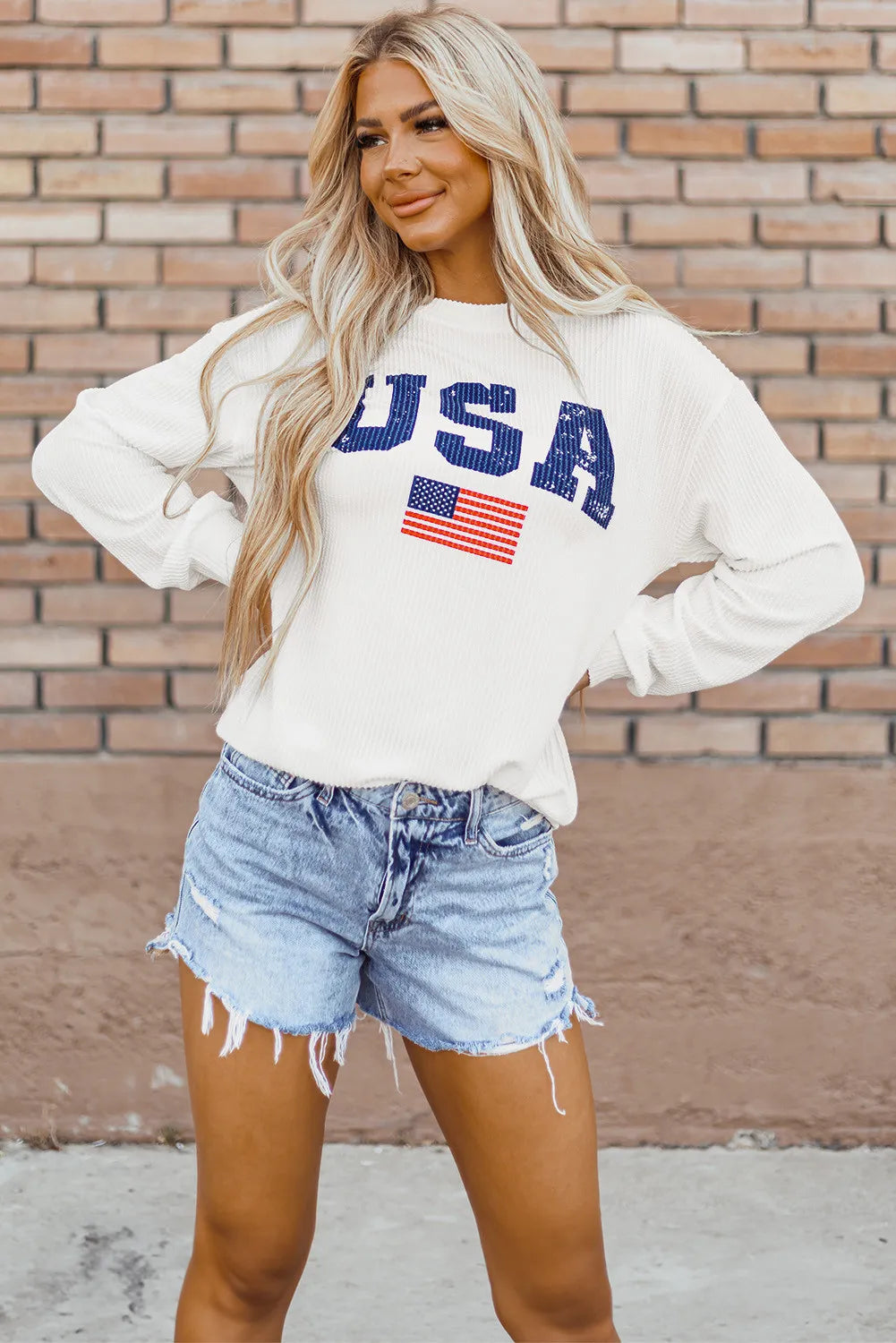 USA Graphic Round Neck Long Sleeve Patriotic White Sweatshirt