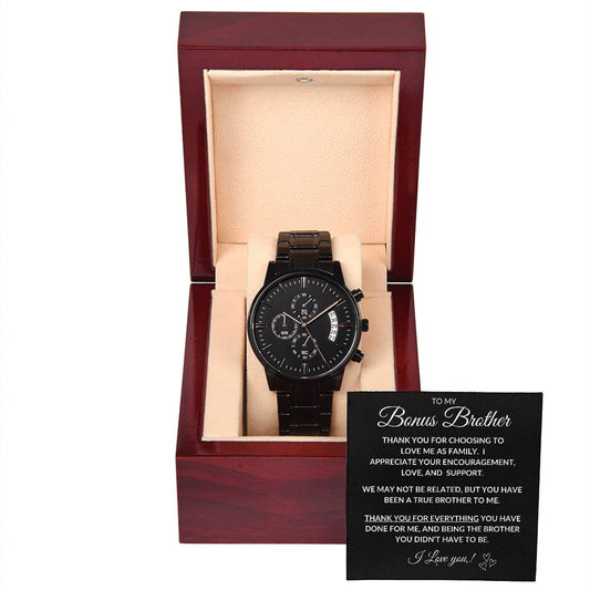 Bonus Brother Black Chronograph Watch with Message card and Gift box - I Love Heartstrings