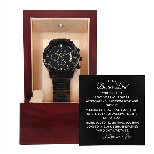 Bonus Dad Gift Black Chronograph Watch with message card appreciation from son or daughter - I Love Heartstrings