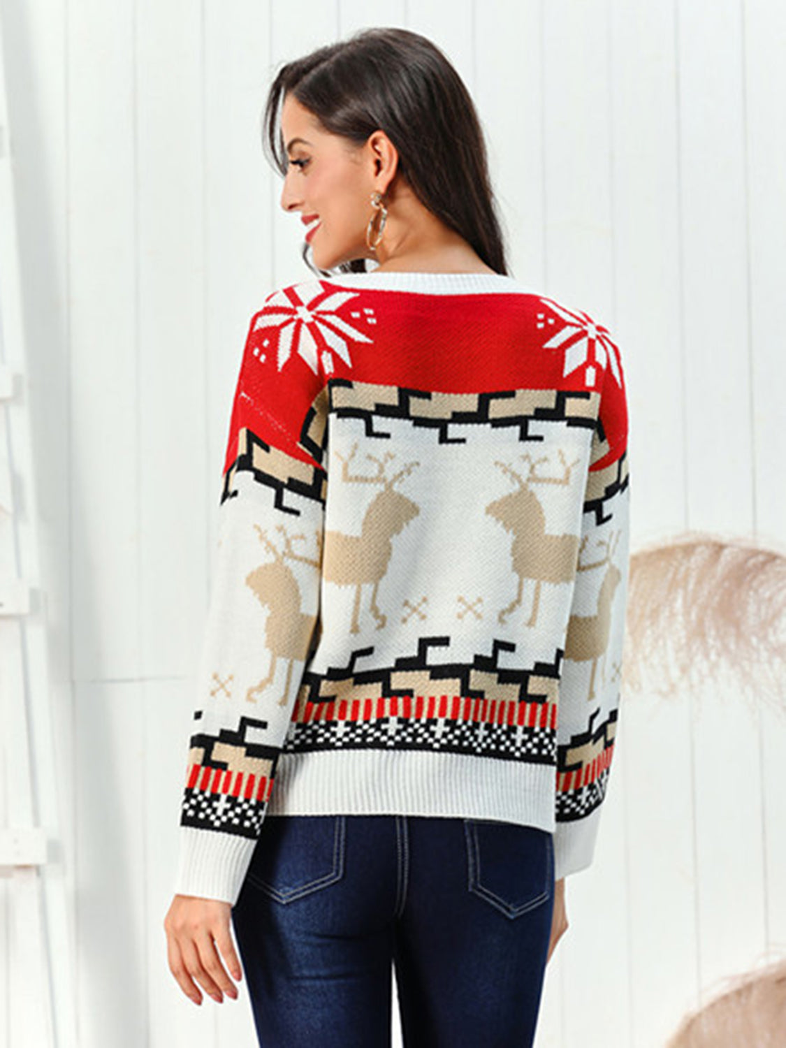 Reindeer Holiday Sweater Cozy  Round Neck Christmas Sweater