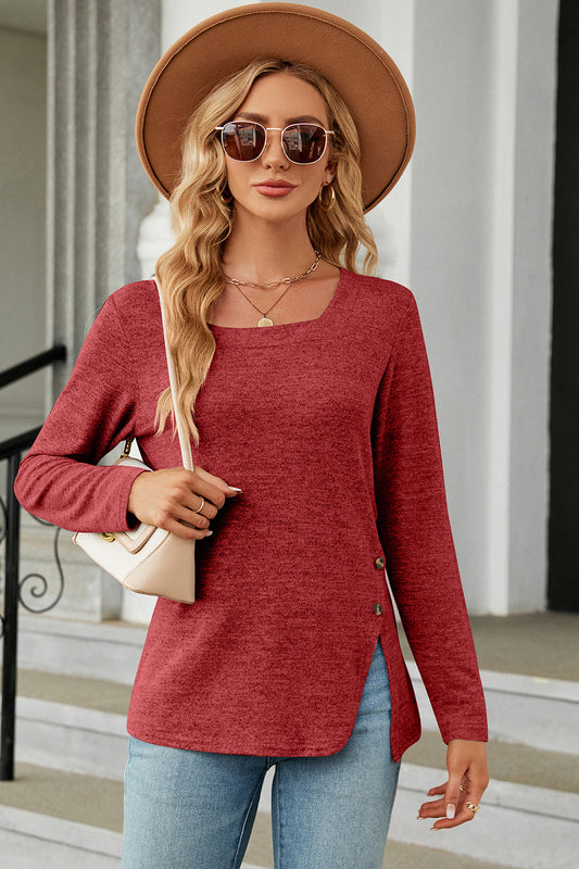 Slit Decorative Side Button Square Neck T-Shirt