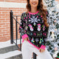 Ugly Christmas Sweater with Snowmen and Snowflakes Pink Ribbed Trim Holiday Sweater