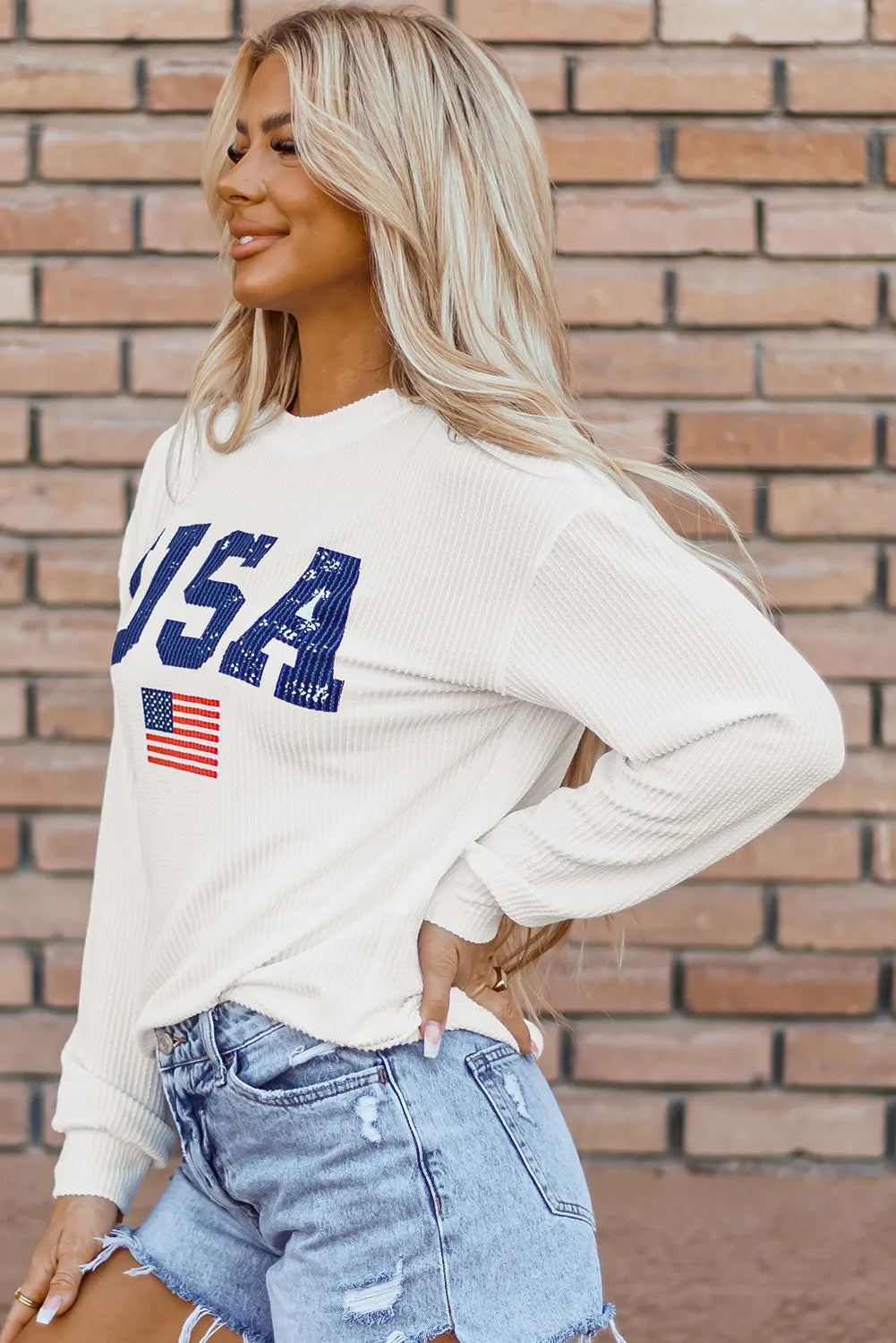 USA Graphic Round Neck Long Sleeve Patriotic White Sweatshirt