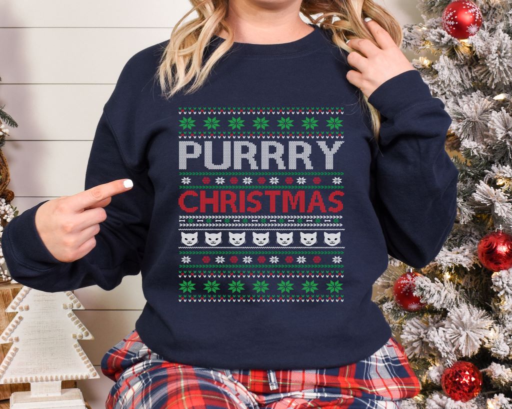 Cat Lover gift Ugly Christmas Sweater Unisex Adult Navy Crewneck Sweatshirt - I Love Heartstrings