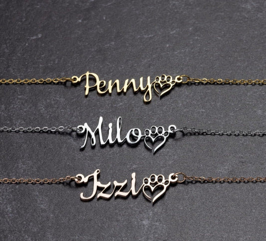 Custom Dog Mom Necklace, Dog lover Pet name necklace, For New dog owner, Dog love jewelry present for her, dog name and paw heart necklace - I Love Heartstrings