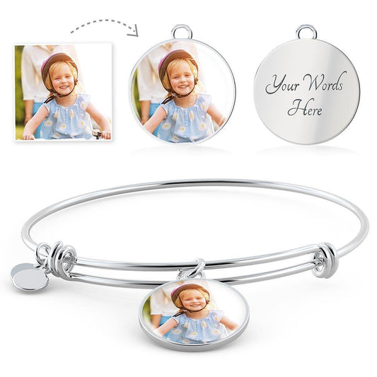 Custom Photo Circle Keepsake pendant Adjustable Steel Bangle Bracelet jewelry for women - I Love Heartstrings