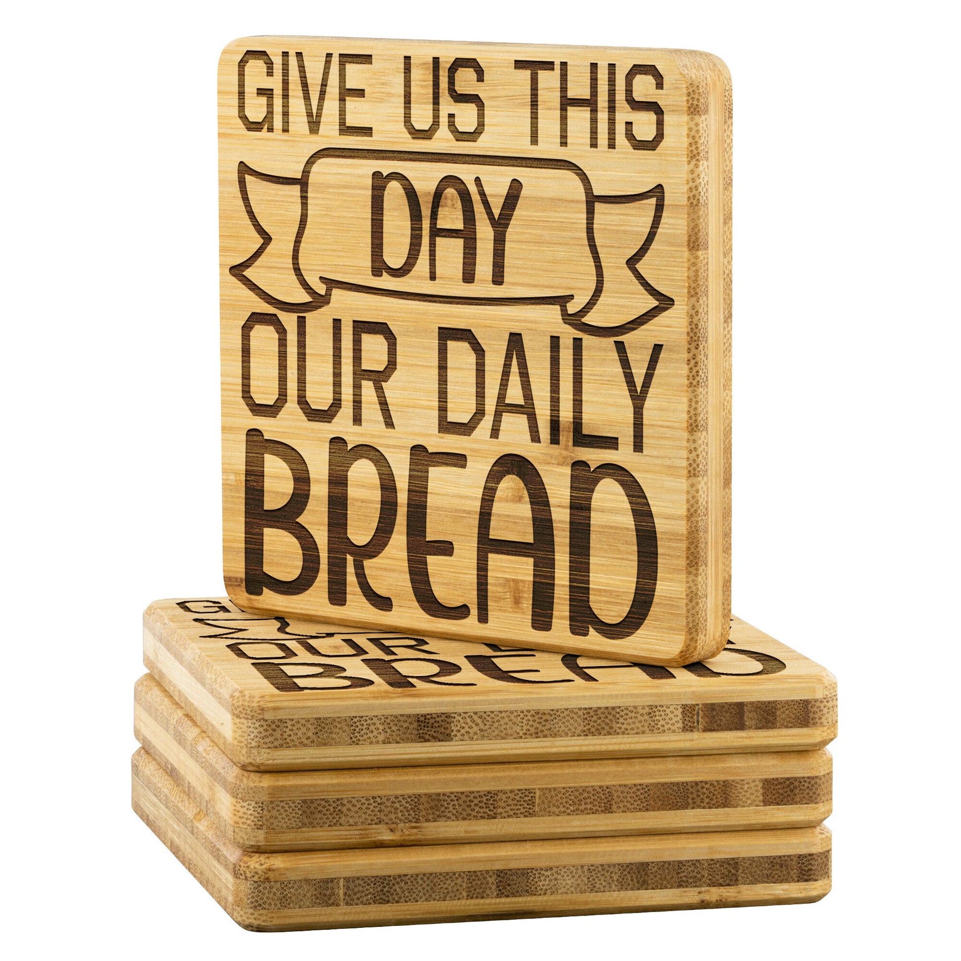 Daily Bread Bamboo Coaster Christian gift set of 4 - I Love Heartstrings