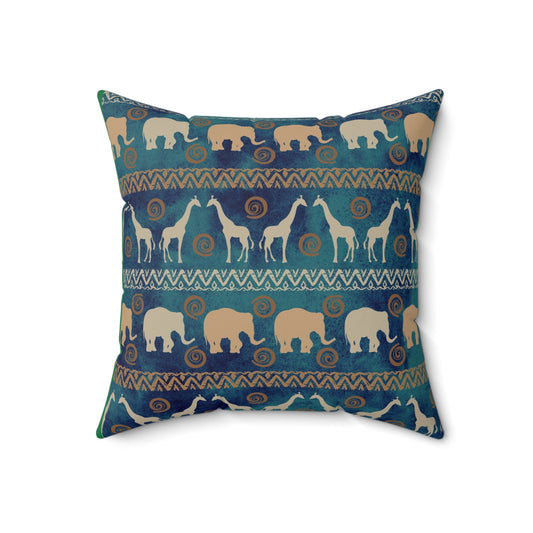 Elephant and Giraffe Pillow, African Print Throw Pillow, Green and Gold Pattern Spun Polyester Square Pillow - I Love Heartstrings