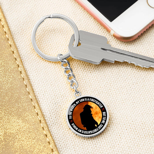 Firefighter Son's Mom Circle Keychain in Stainless or Gold - I Love Heartstrings