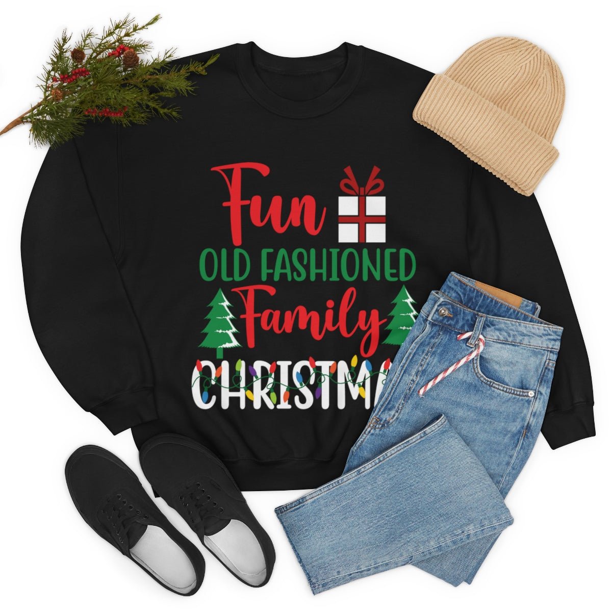 Fun Old Fashioned Family Christmas Unisex Black Crewneck Sweatshirt Holiday Apparel Gift - I Love Heartstrings