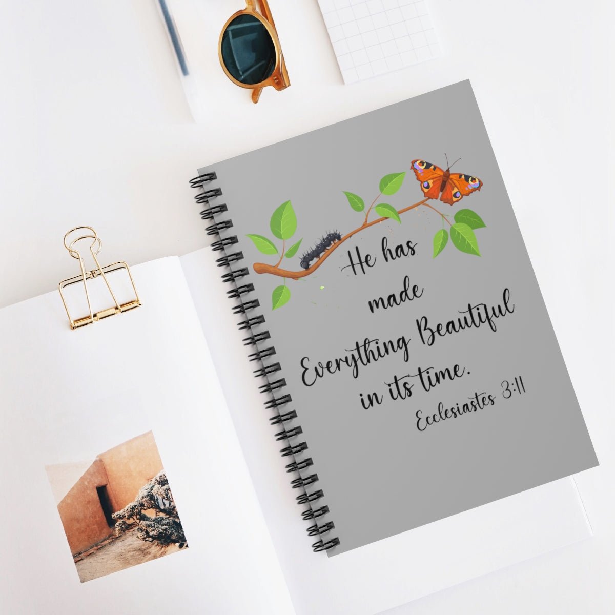 Light Gray Ecclesiastes 3:11 Butterfly Spiral Bible Notebook Journal Ruled Line paper Christian journal for women keeping the faith gift for new believers - I Love Heartstrings