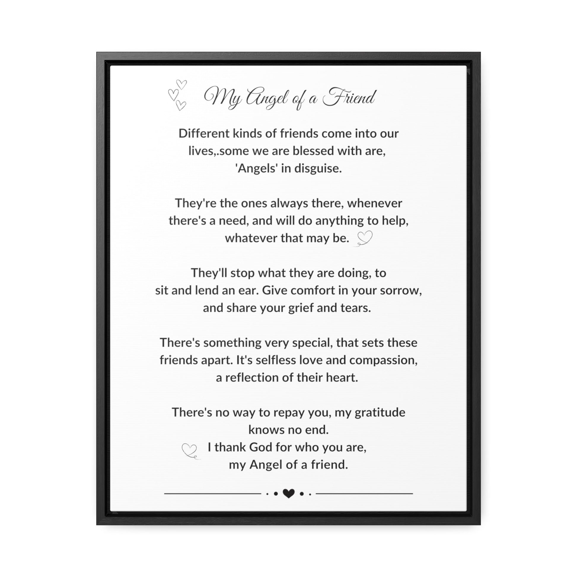 My Angel of a Friend Angel Friendship Poem on Black or Brown Framed Gallery Canvas Wrap Best Friend Appreciation Gift - I Love Heartstrings