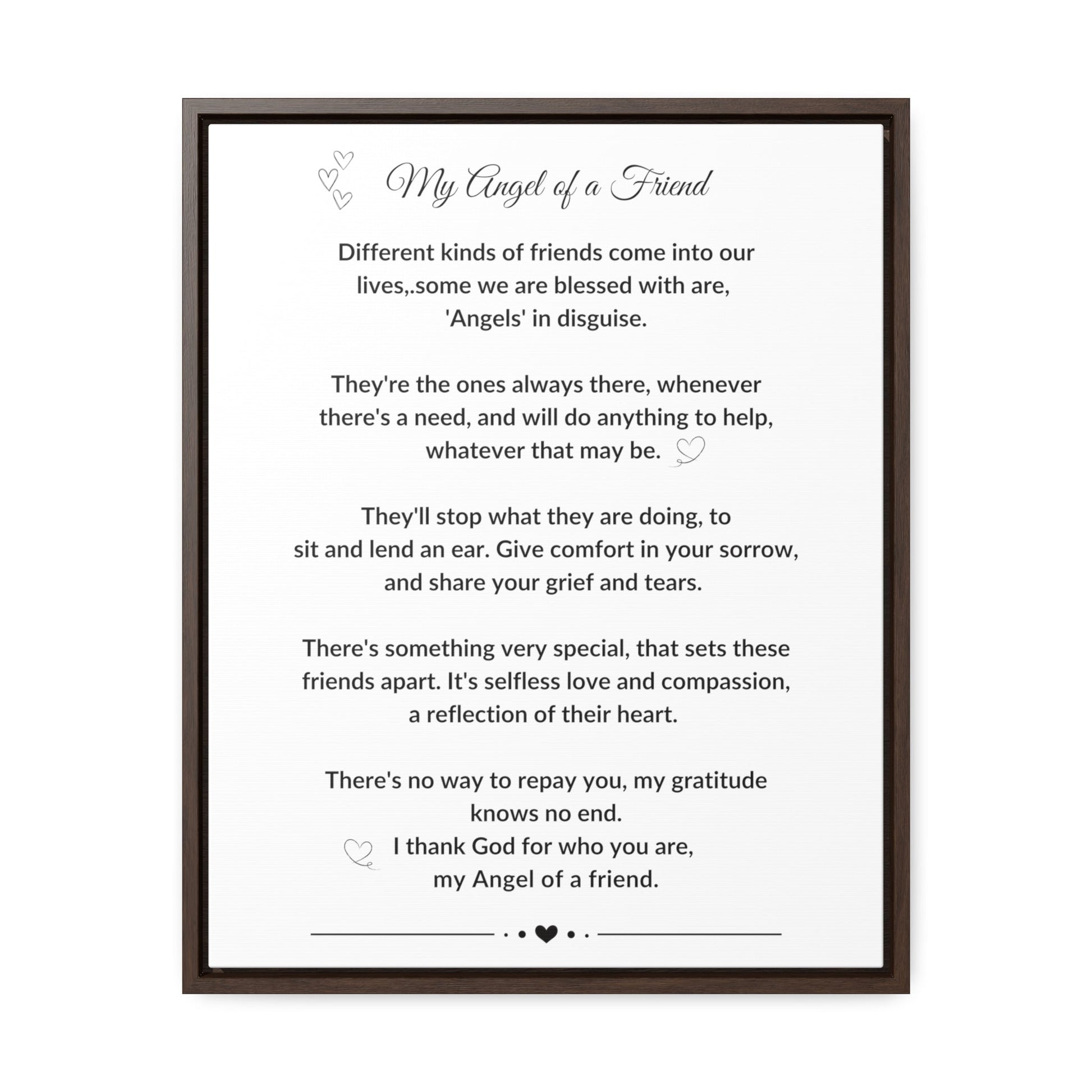 My Angel of a Friend Angel Friendship Poem on Black or Brown Framed Gallery Canvas Wrap Best Friend Appreciation Gift - I Love Heartstrings