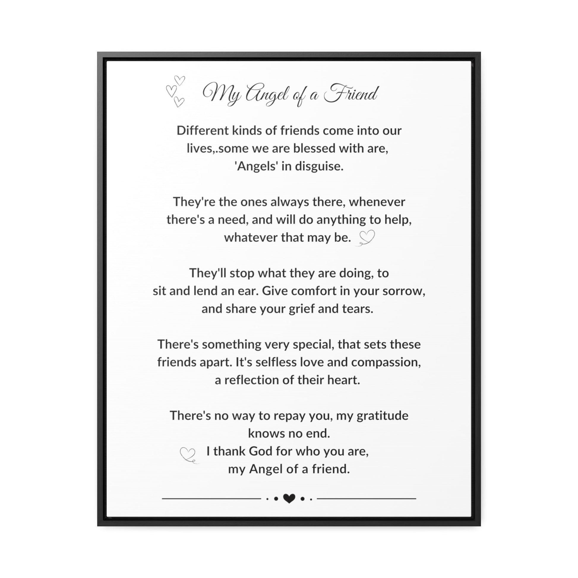 My Angel of a Friend Angel Friendship Poem on Black or Brown Framed Gallery Canvas Wrap Best Friend Appreciation Gift - I Love Heartstrings