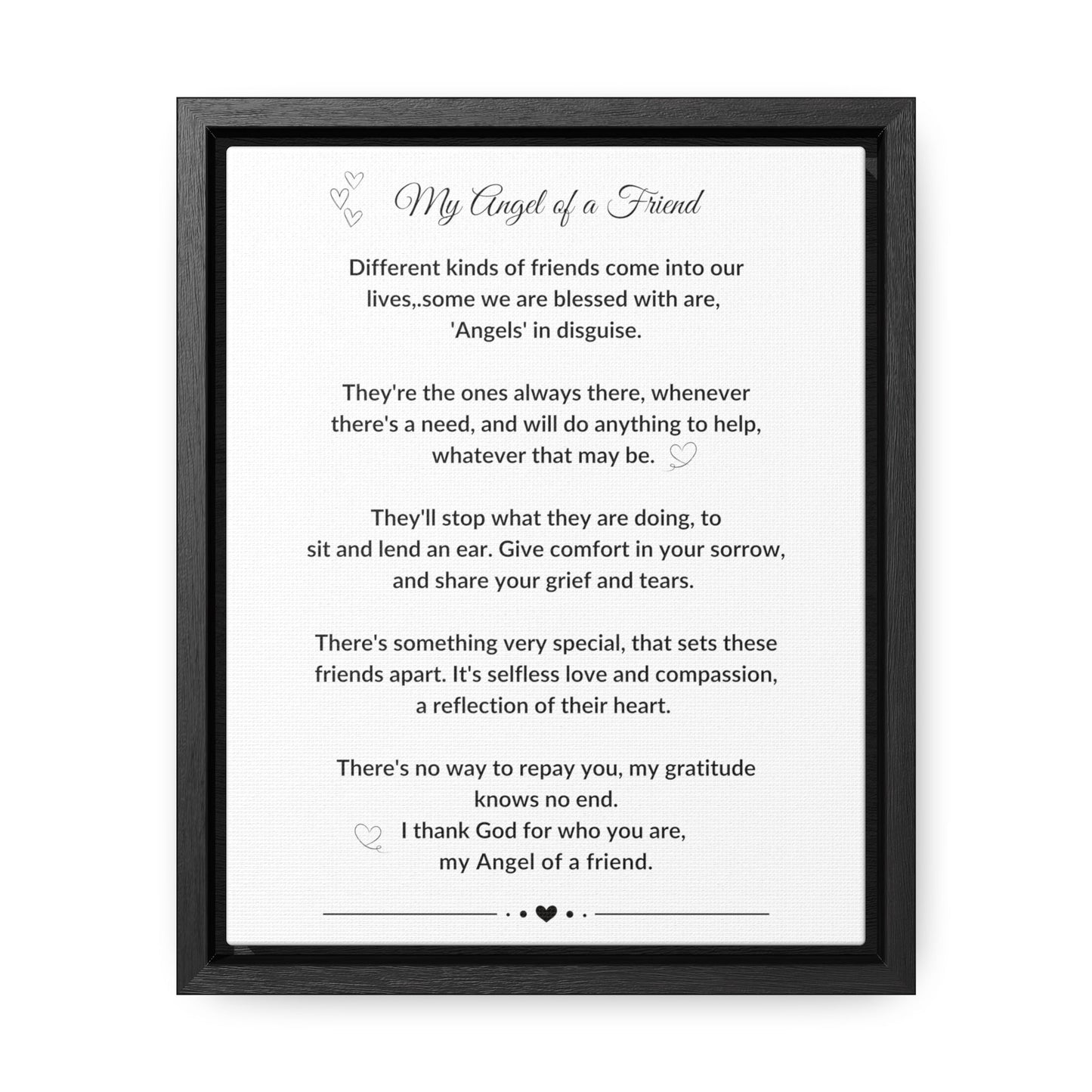 My Angel of a Friend Angel Friendship Poem on Black or Brown Framed Gallery Canvas Wrap Best Friend Appreciation Gift - I Love Heartstrings