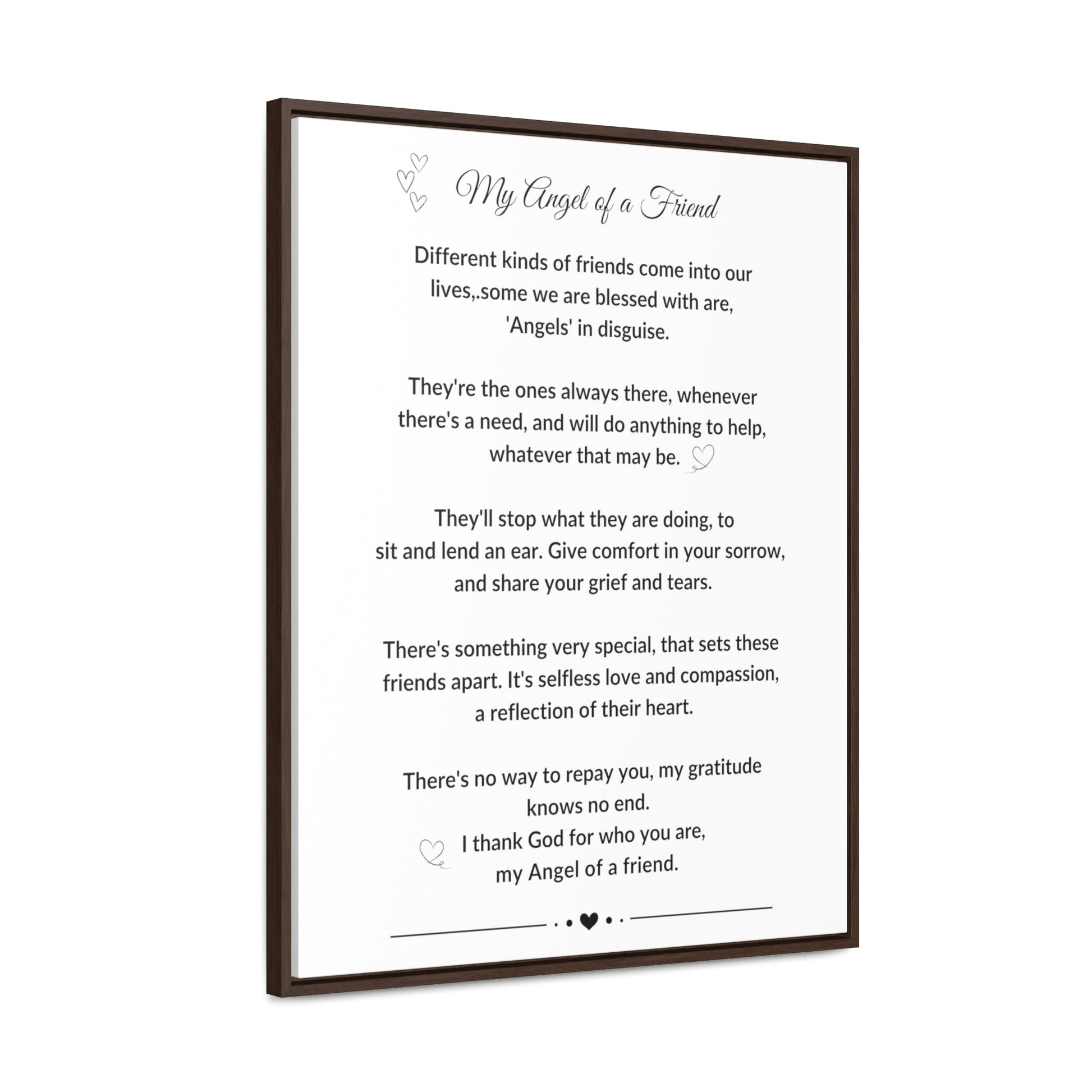 My Angel of a Friend Angel Friendship Poem on Black or Brown Framed Gallery Canvas Wrap Best Friend Appreciation Gift - I Love Heartstrings