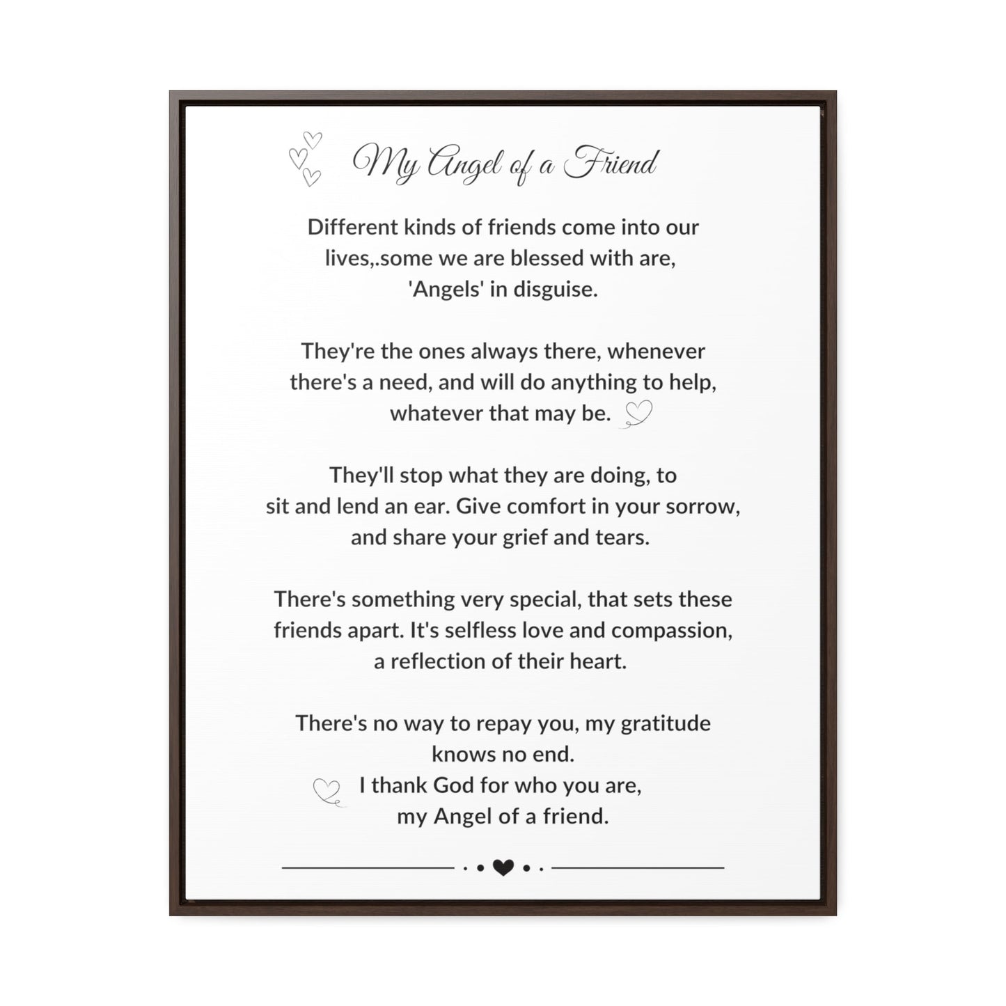 My Angel of a Friend Angel Friendship Poem on Black or Brown Framed Gallery Canvas Wrap Best Friend Appreciation Gift - I Love Heartstrings