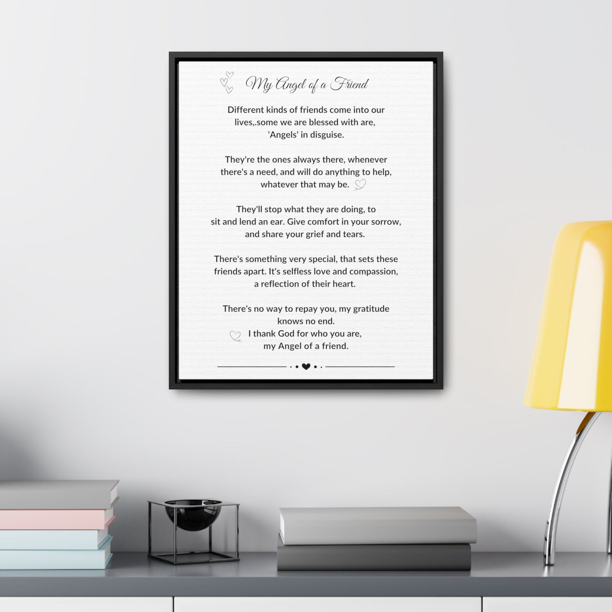 My Angel of a Friend Angel Friendship Poem on Black or Brown Framed Gallery Canvas Wrap Best Friend Appreciation Gift - I Love Heartstrings