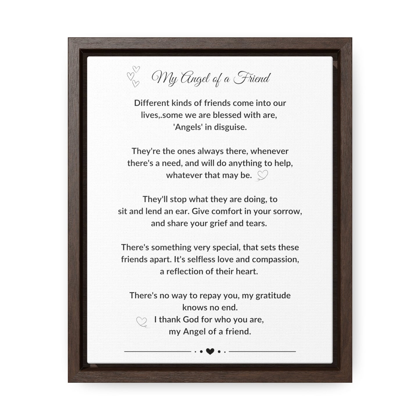 My Angel of a Friend Angel Friendship Poem on Black or Brown Framed Gallery Canvas Wrap Best Friend Appreciation Gift - I Love Heartstrings