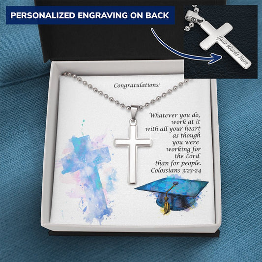 Personalized Graduation Cross Necklace with Colossians Message Card Ball Chain - I Love Heartstrings