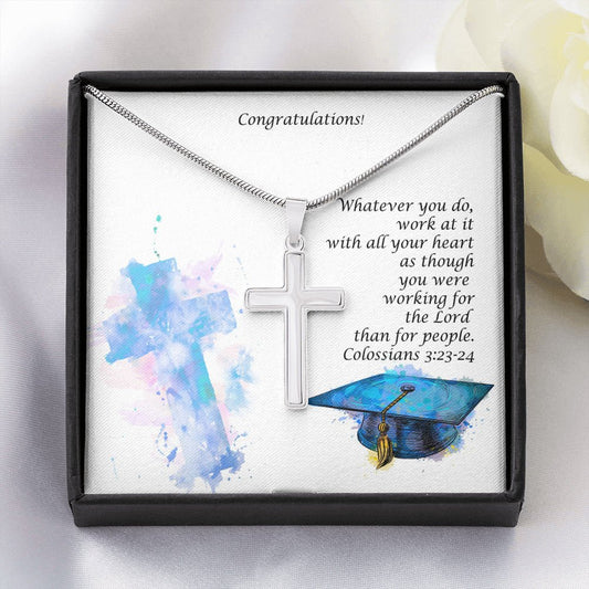 Personalized Graduation Cross with Colossians Message Card Snake Chain - I Love Heartstrings