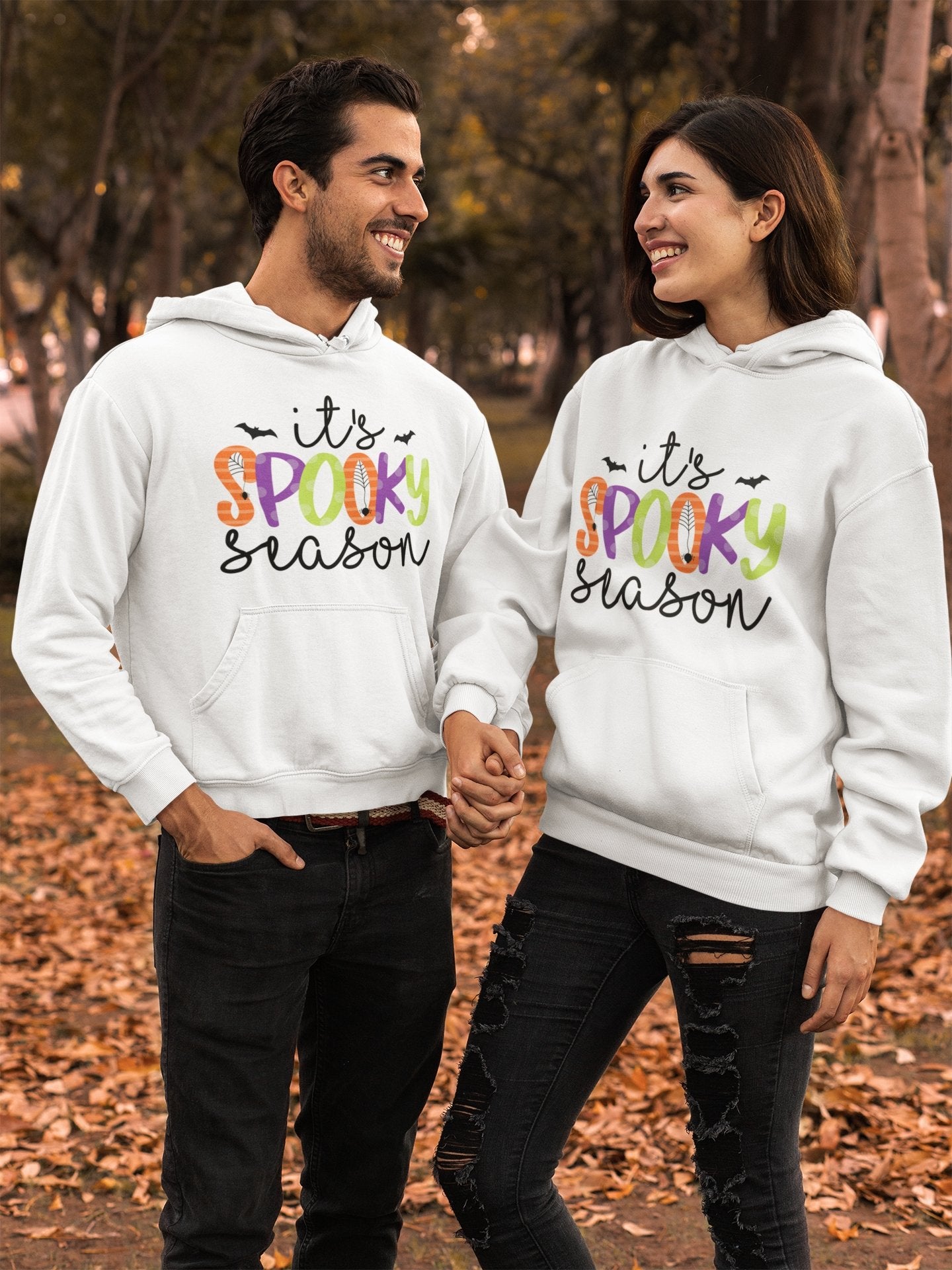 Spooky Season Halloween Men Women Unisex Fleece Pullover Hoodie Matching sweatshirts white or gray - I Love Heartstrings