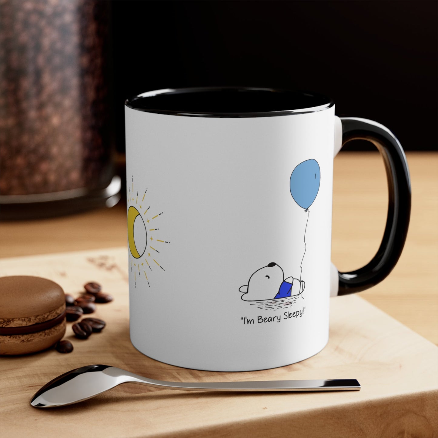 Teddy Bear Mug, Boy Bear with balloon, I'm Beary Sleepy Birthday Coffee cup, The perfect gift, Adorable sleeping bear cub - I Love Heartstrings