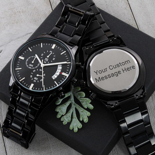 Water Resistant Black Chronograph Watch with Custom Message for him - I Love Heartstrings