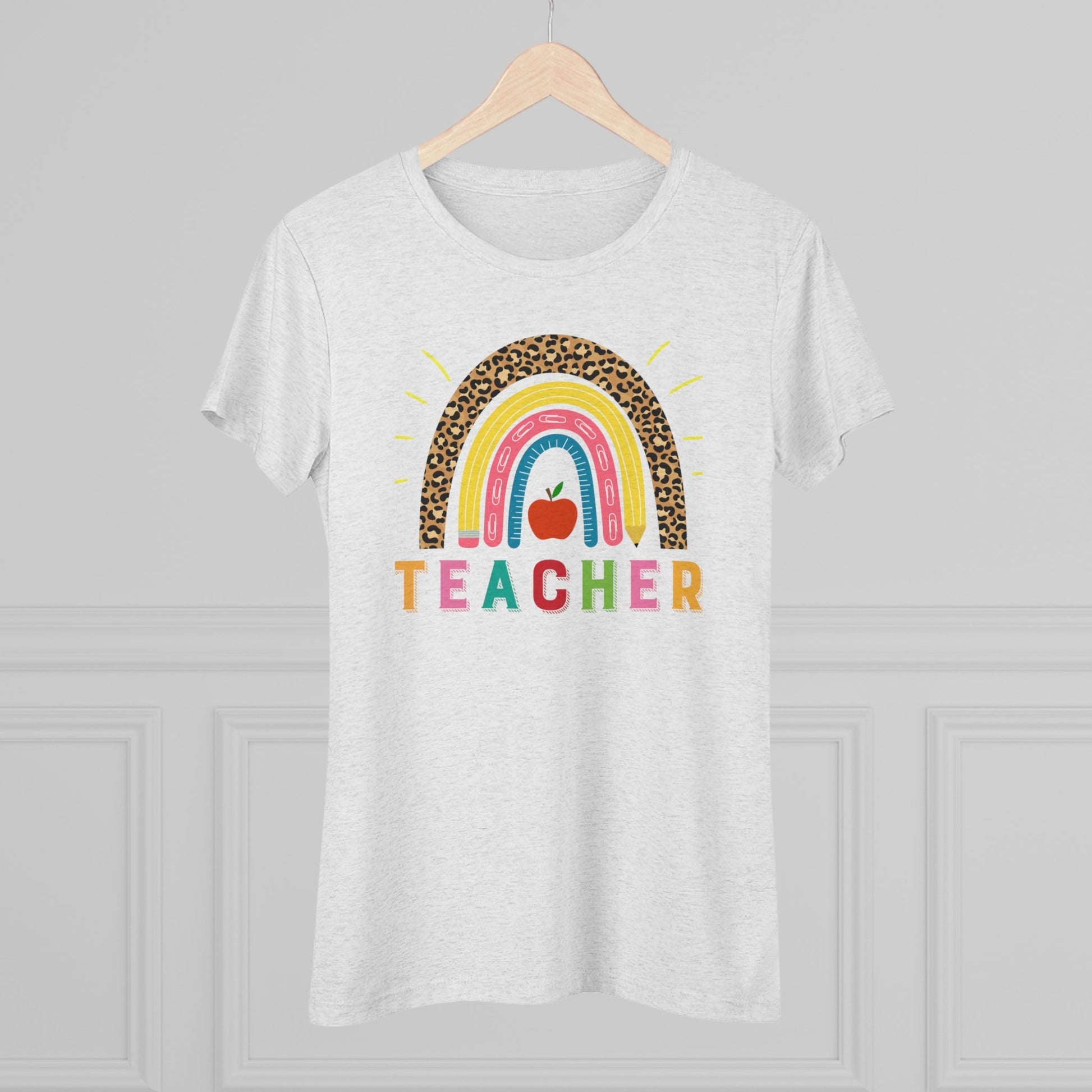 Women's Teacher Shirt in White with Rainbow, Tr-iblend Tee - I Love Heartstrings