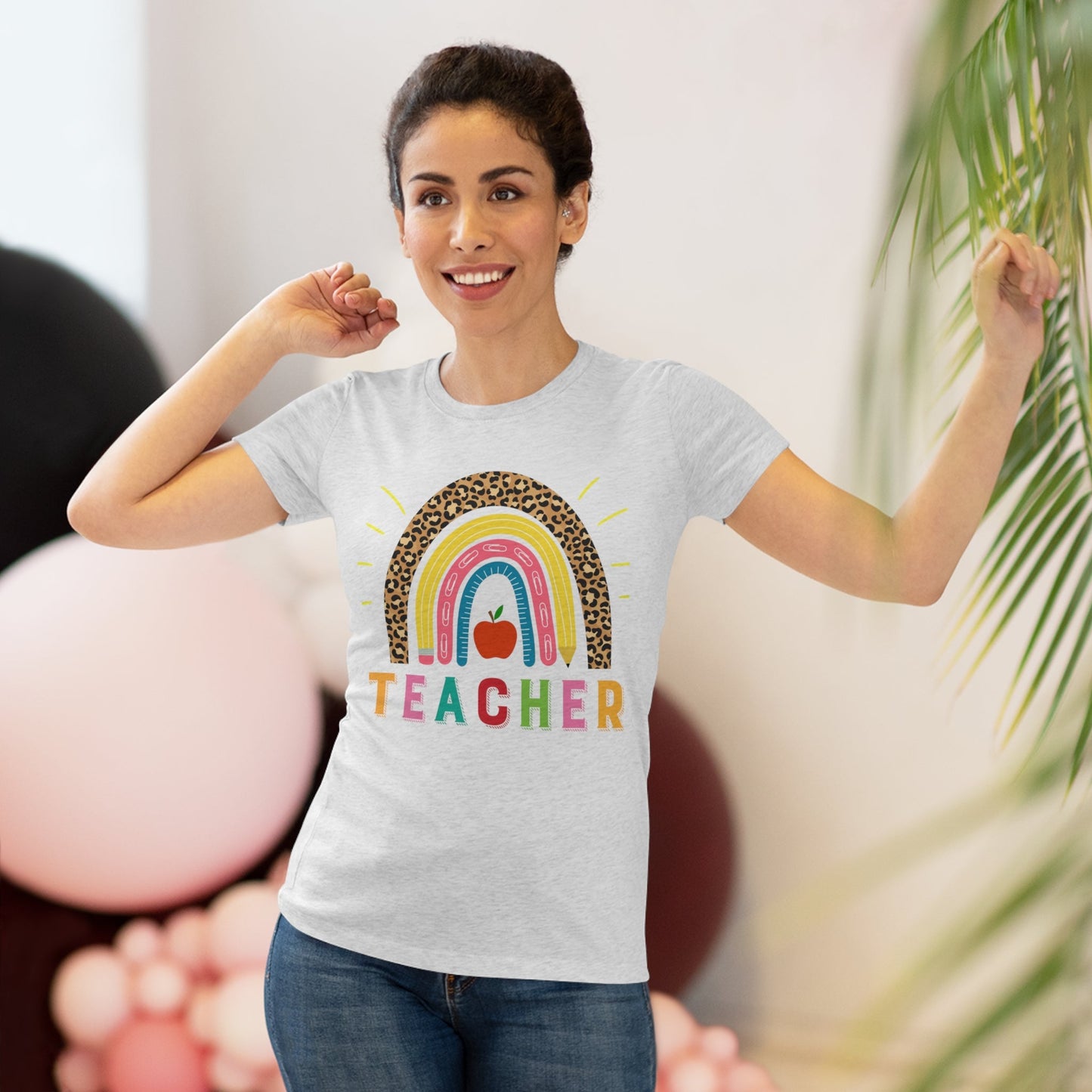 Women's Teacher Shirt in White with Rainbow, Tr-iblend Tee - I Love Heartstrings