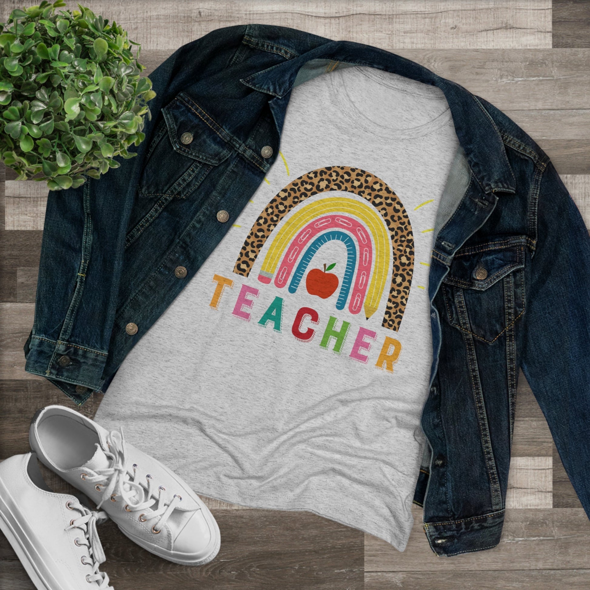 Women's Teacher Shirt in White with Rainbow, Tr-iblend Tee - I Love Heartstrings