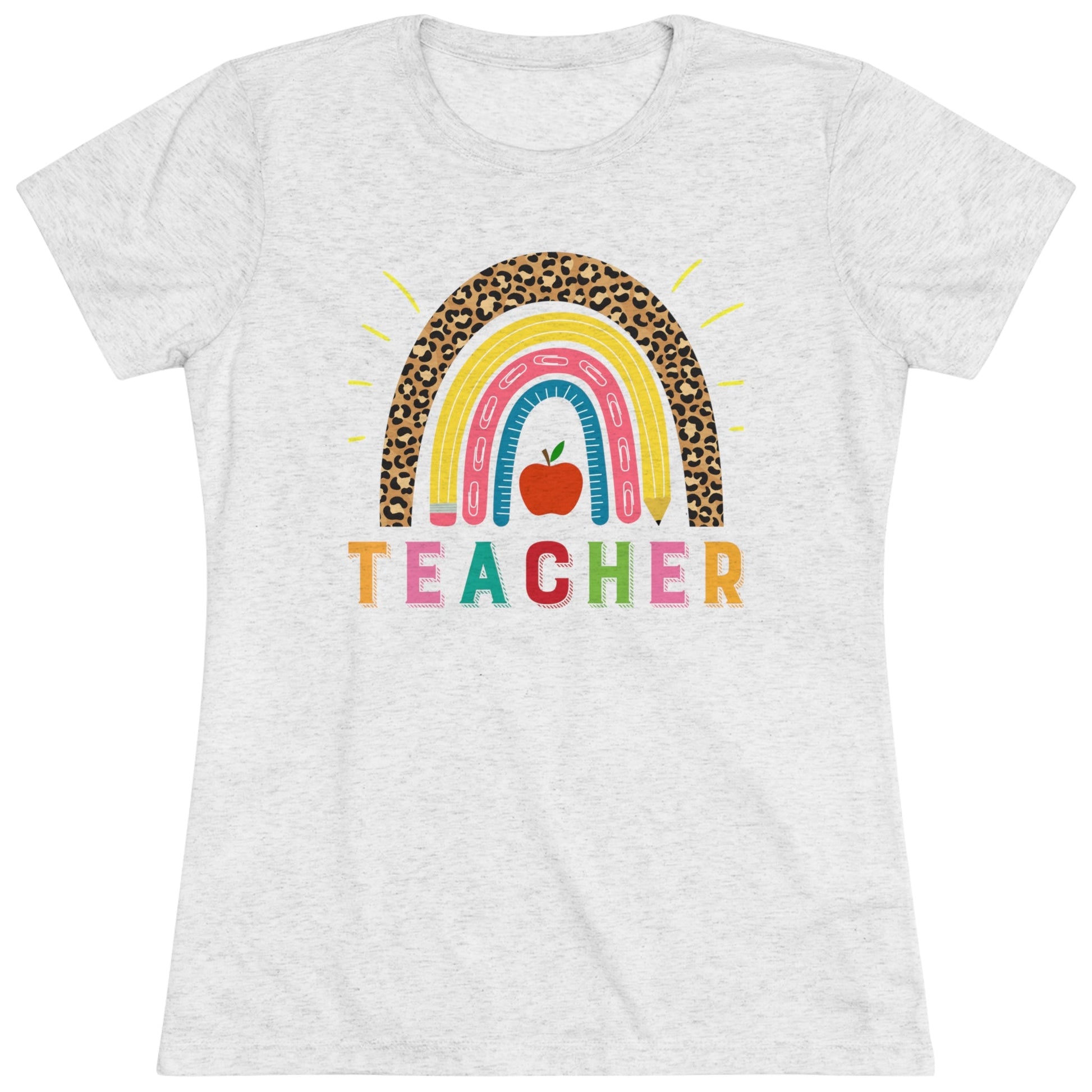 Women's Teacher Shirt in White with Rainbow, Tr-iblend Tee - I Love Heartstrings