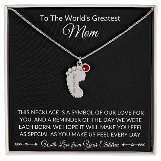 World's Greatest Mom Baby foot Necklace with birthstone and Message card - I Love Heartstrings